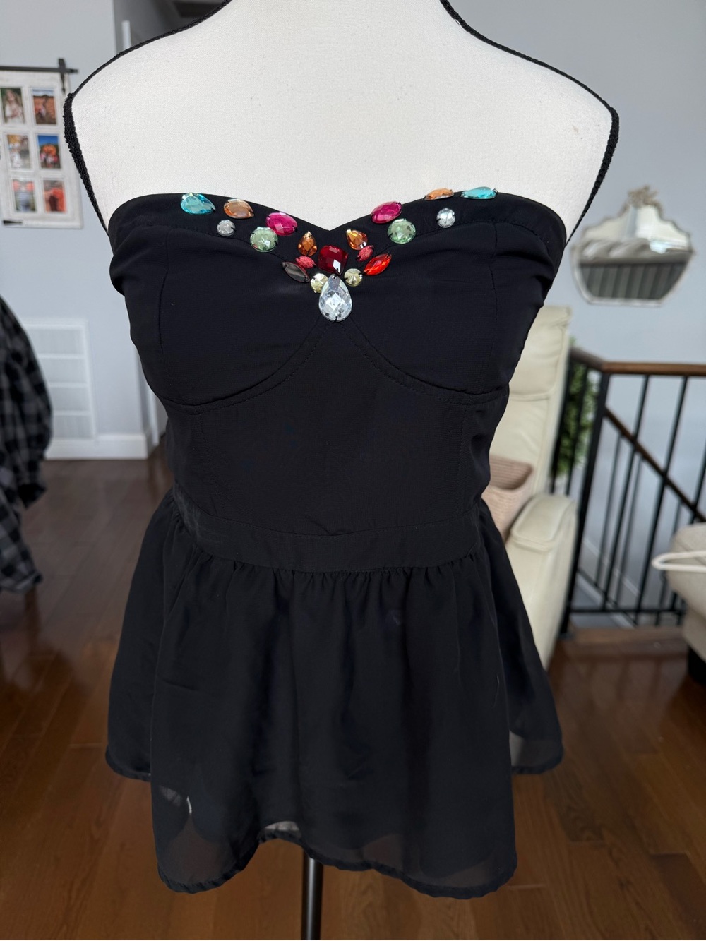 Wet Seal Strapless Black Sleeveless Peplum Top with Multicolor Gem Accents L